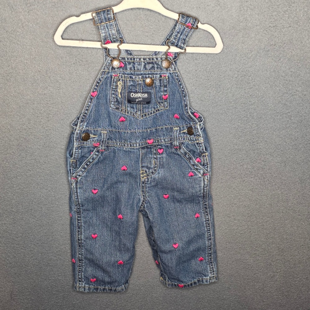 OshKosh B'gosh Girl 6 Months Blue Denim Pink Heart Embroidered Girls Overalls
